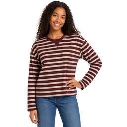 Juniors Pink Rose Long Sleeve Oversized Striped V-Notch Top-BrwnW