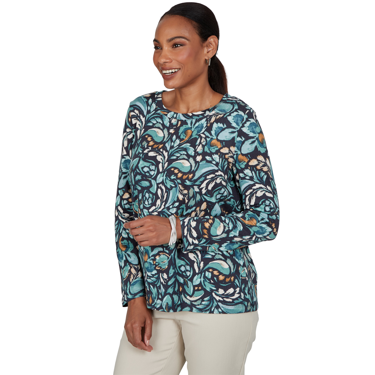Petite Ruby Rd. Mythical Long Sleeve Abstract Swirl Blouse