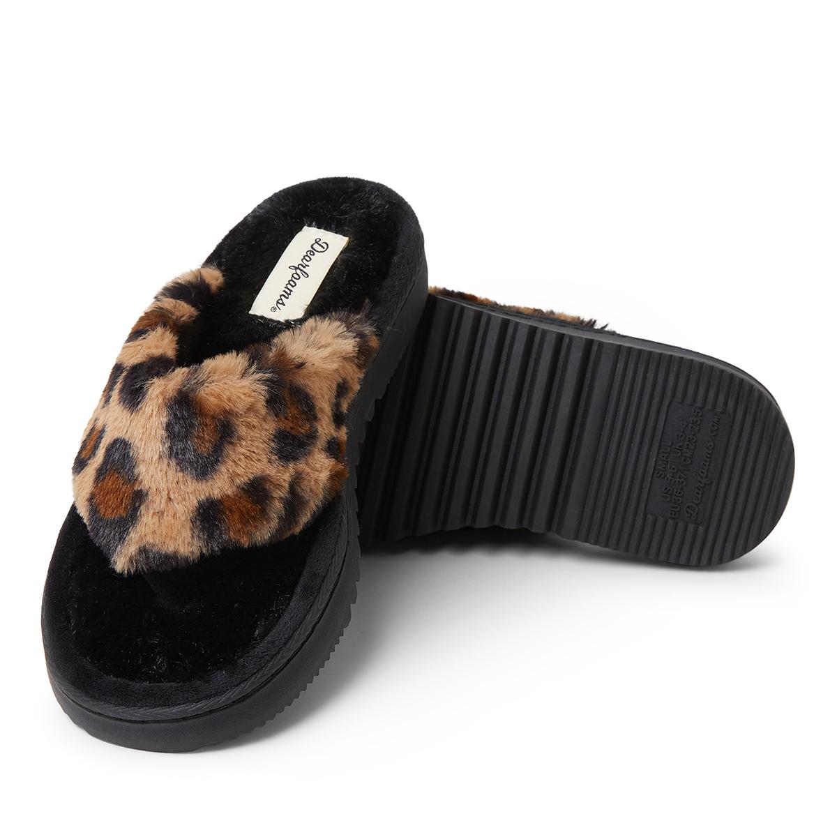 Womens Dearfoams® Katia Furry Thong Slippers - Leopard