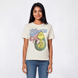 Juniors Hybrid Grinch Wreath Pearls Boyfriend Tee