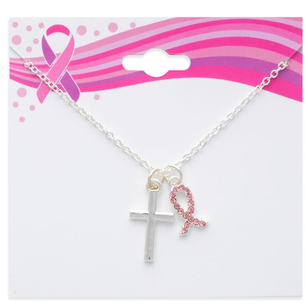 Breast Cancer Awareness Cross & Ribbon Rhinestone Charm Necklace