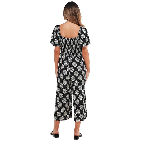 Womens Luxology Short Sleeve Square Neck Print Challis Jumpsuit