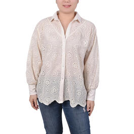 Womens NY Collection 3/4 Sleeve Button Down Eyelet Top