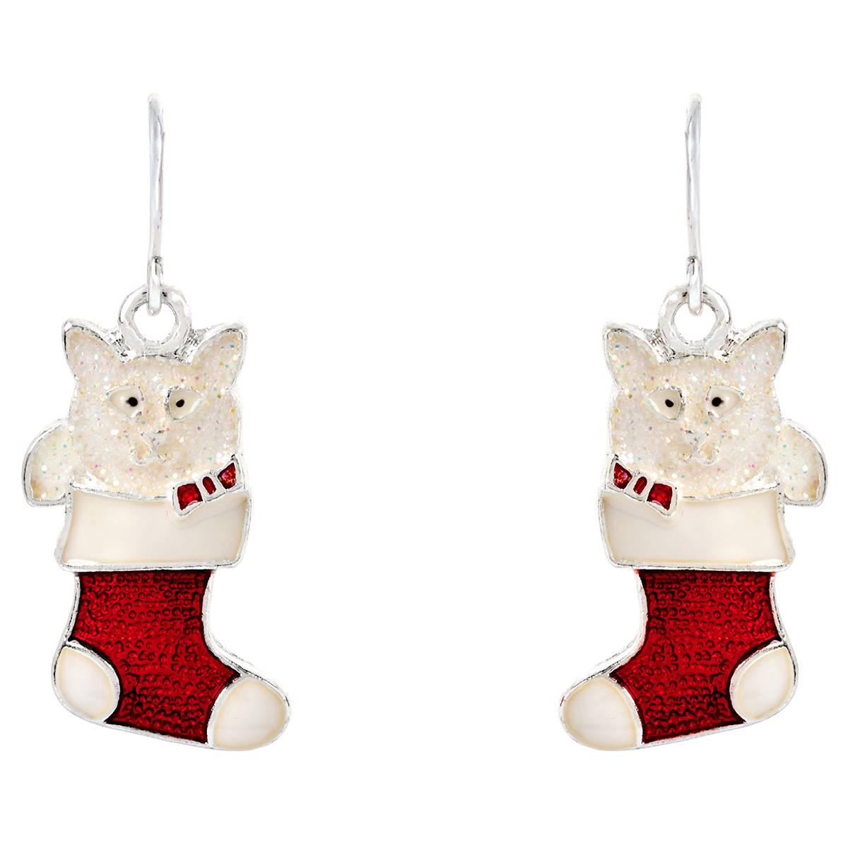 CZ Christmas Kitten Fishhook Earrings