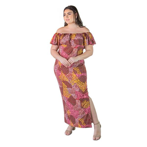 Plus Size 24/7 Comfort Apparel Off Shoulder Abstract Maxi Dress - image 