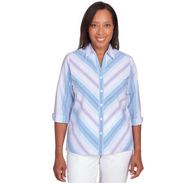 Womens Alfred Dunner 3/4 Sleeve Woven Print Mitered Stripe Shirt