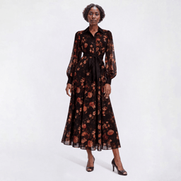 Womens Sandra Darren Long Sleeve Floral Chiffon Shirtdress