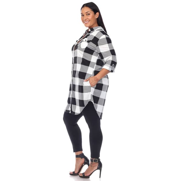 Plus Size White Mark Long Sleeve Roll Cuff Plaid Shirt Dress