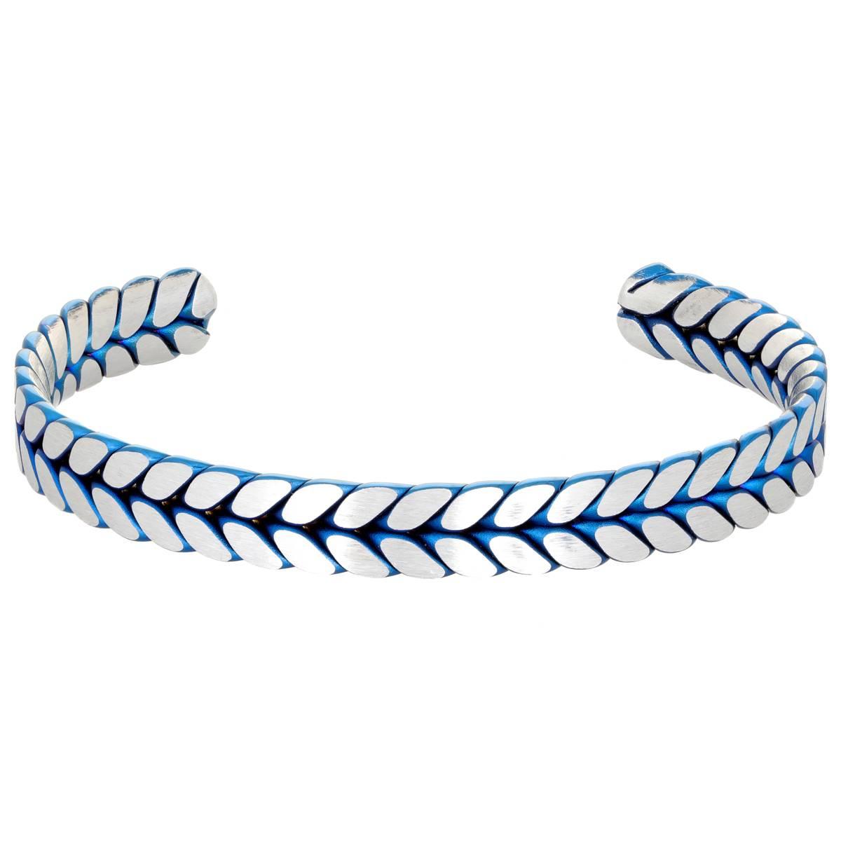 Mens Lynx Stainless Steel Blue Cuff Bangle Bracelet