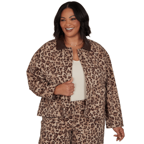 Plus Size Ruby Rd. Game of Luxe Leopard Denim Jacket - image 