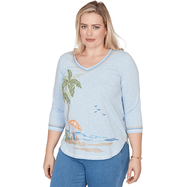 Womens Alfred Dunner Beachcomber Scenic Beach Embroidery Tee