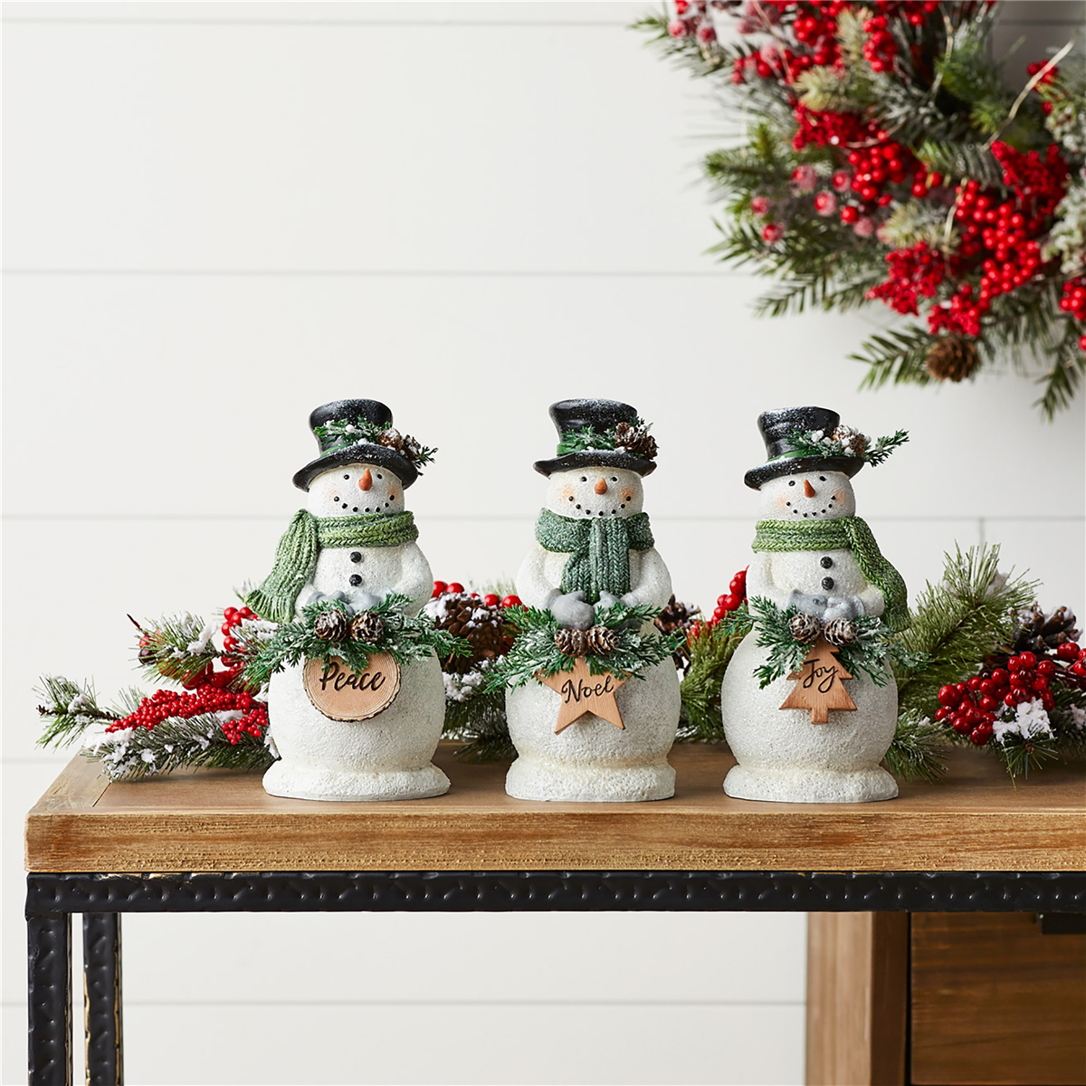 Melrose Holiday Snowman Figurine with Frosted Pine - Set of 3