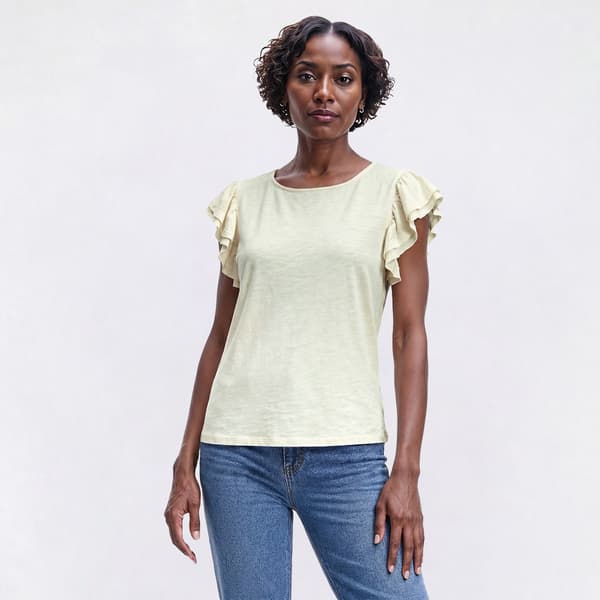 Womens Nicole Miller Cap Ruffle Sleeve Solid Linen Slub Blouse