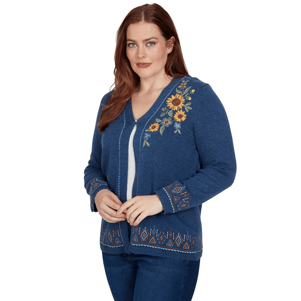Petite Alfred Dunner Tuscany Sunflower Embroidery Cardigan