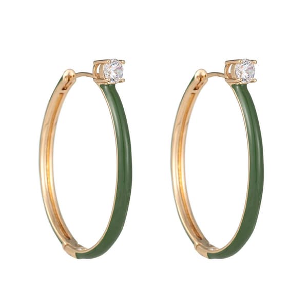 Roman Gold-Tone CZ & Green Enamel Hoop Earrings - image 