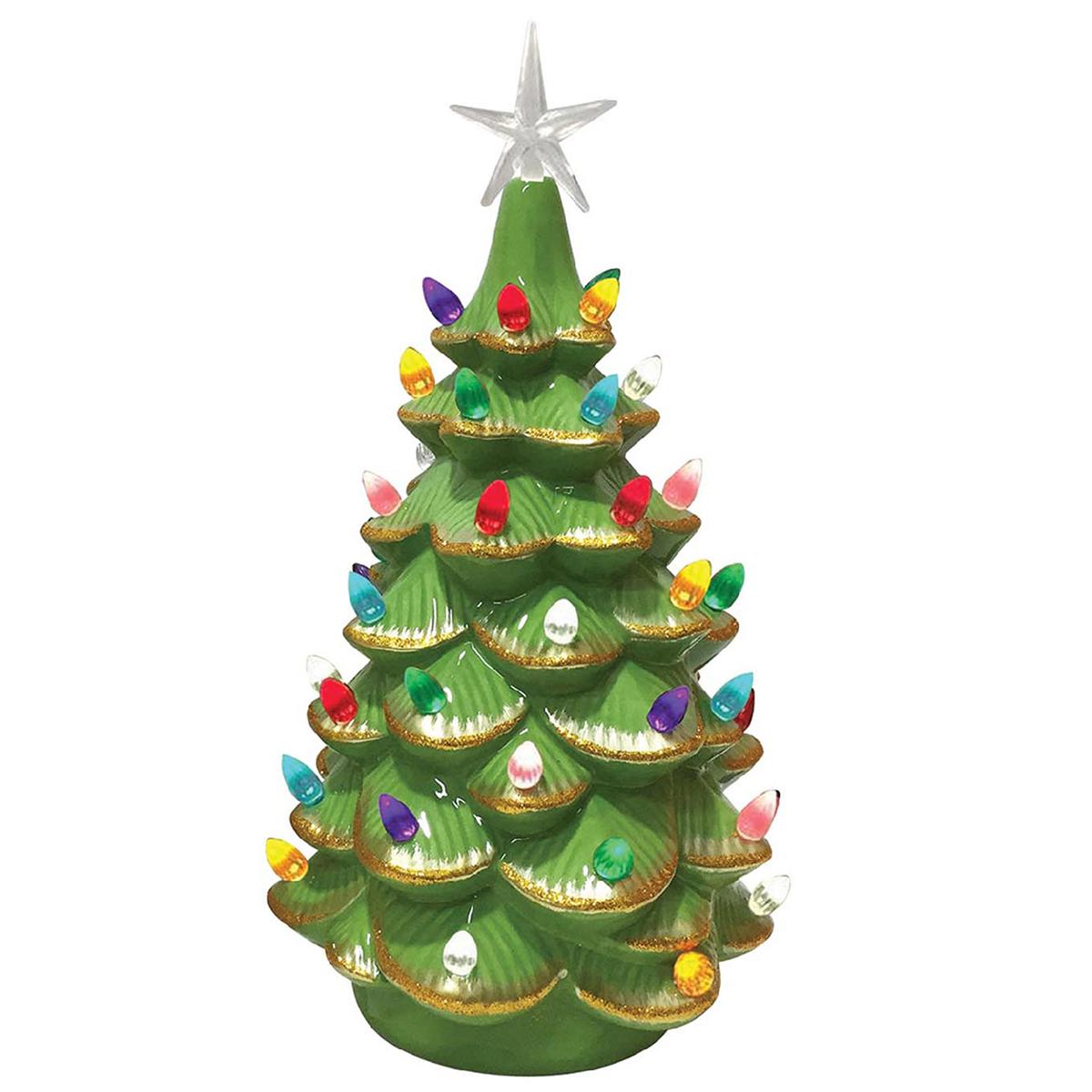 Santa’s Workshop 14in. Lighted Green Ceramic Tree with Gold Tips