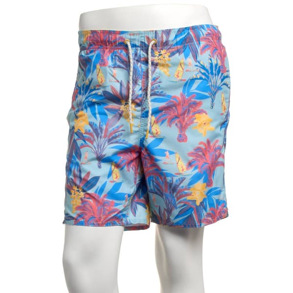 Mens Hawaiian Authentics Island Post Card Swim Trunks - Seafoam