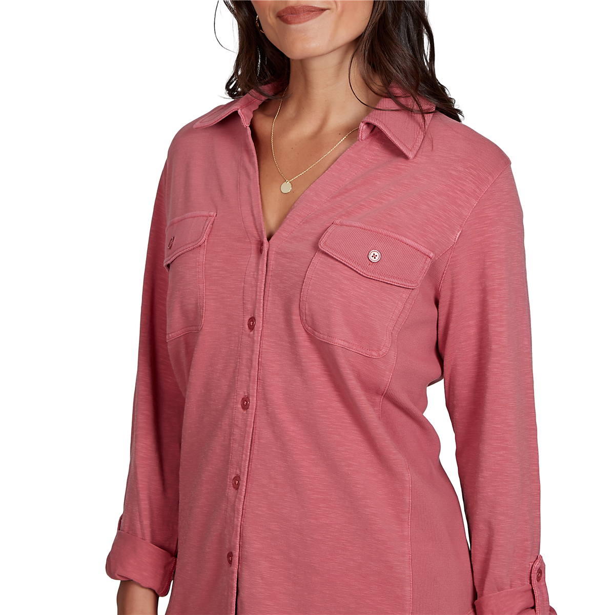 Petite Ruby Rd. Game of Luxe Tab Sleeve Casual Button Down
