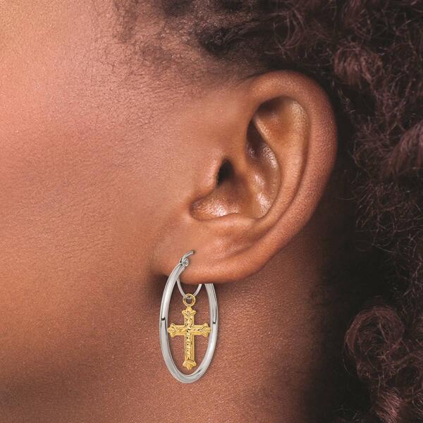 Womens Gold Classics&#8482; 14k Two-Tone Cross Dangle Hoop Earrings