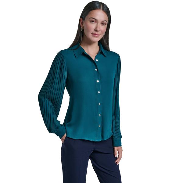 Womens Tommy Hilfiger Long Pleat Sleeve Button Front Solid Blouse