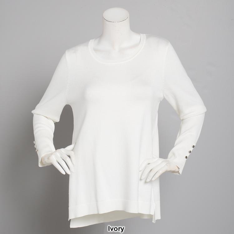 Petite Retrology Crew Neck Button Sleeve Side Slit Sweater