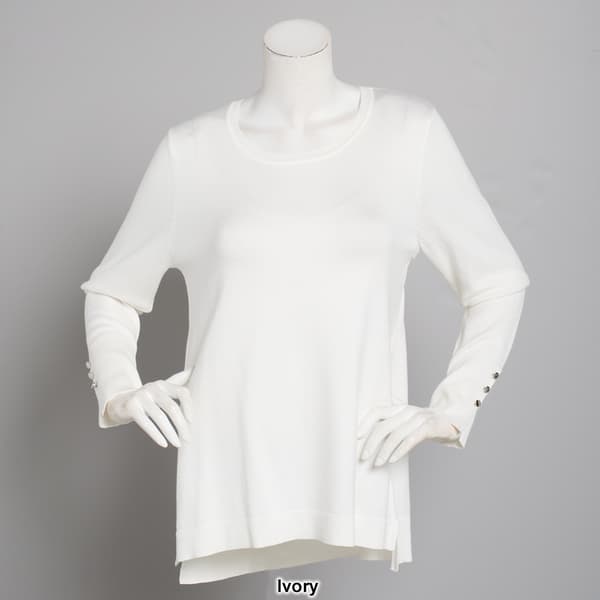 Petite Retrology Crew Neck Button Sleeve Side Slit Sweater