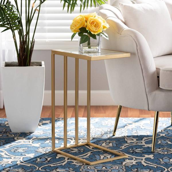 Baxton Studio Parkin C-Shaped End Table with Marble Tabletop