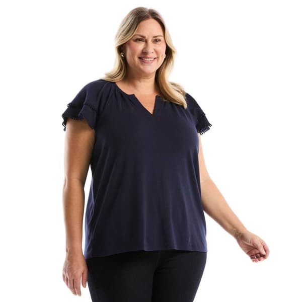 Plus Size Rafaella Eyelet Flutter Sleeve Split Neck Top - image 