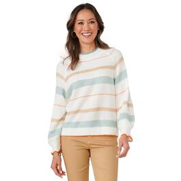 Womens Democracy 3/4 Sleeve High Neck Multi Color Stripe Sweater