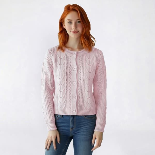 Juniors Pink Rose Cloud Cable Knit Crew Neck Button Cardigan