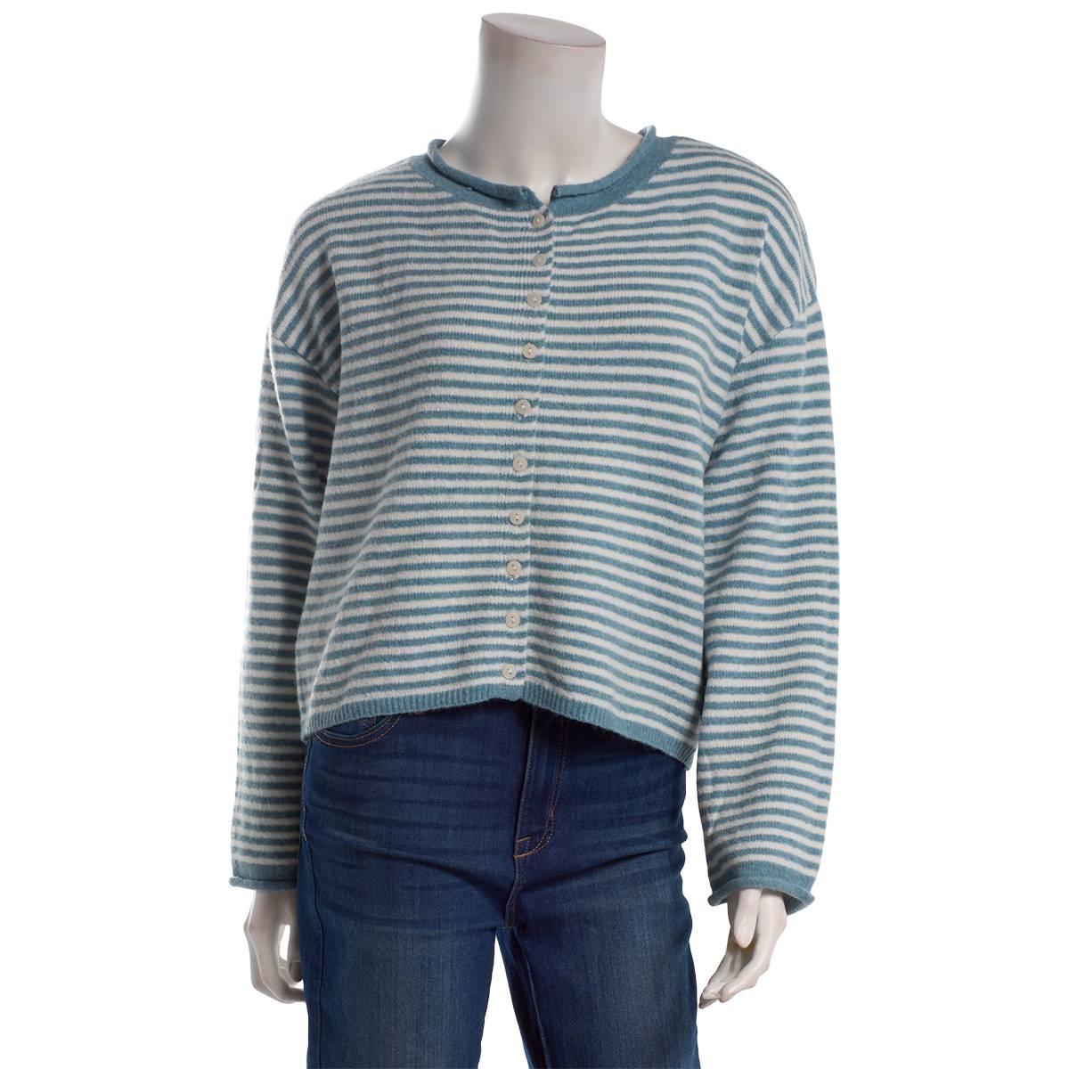 Juniors No Comment Stripe Mossy Button Front Cardigan
