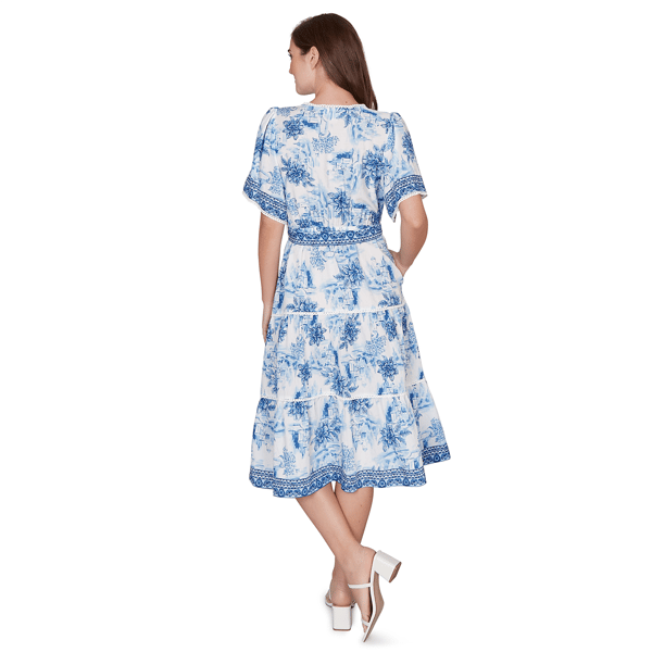 Petite Ruby Rd. French Riviera Floral Toile Tiered Midi Dress