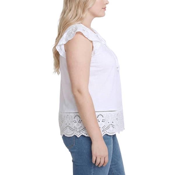 Plus Size NY Collection Flutter Cap Sleeve Eyelet Tie Neck Blouse