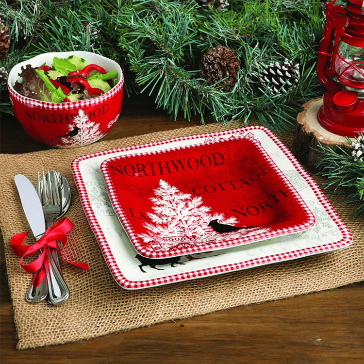 222 Fifth Northwood Cottage Holiday 12pc Porcelain Dinnerware Set