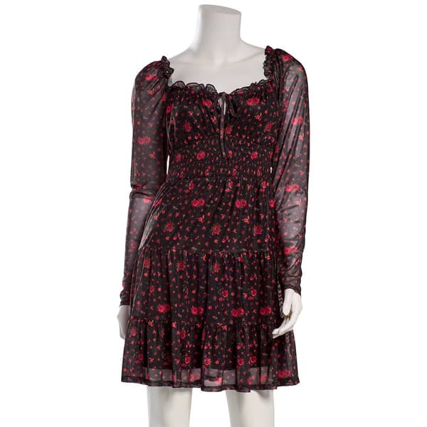 Juniors Jolt Long Sleeve Floral Print Smock Waist A-Line Dress