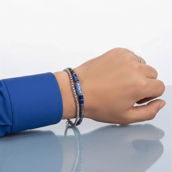 Mens Iron Saints Silver Blue Bead Box Chain Layered Bracelets