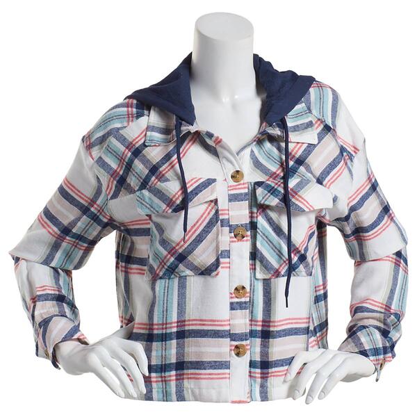 Juniors No Comment Carly Flannel Plaid Button Front Hoodie Jacket - image 