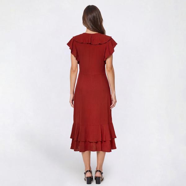 Petite NY Collection Cap Sleeve Ruffle Trim Crepe Midi Dress