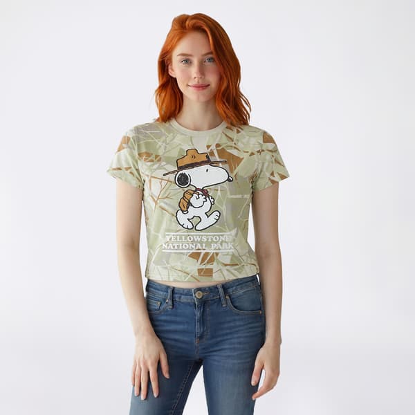 Juniors C-Life Camo Print Peanuts Crop Tee
