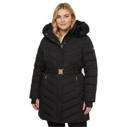 Plus Size Michael Kors Belted Puffer Walker Coat w/ Faux Fur Hood