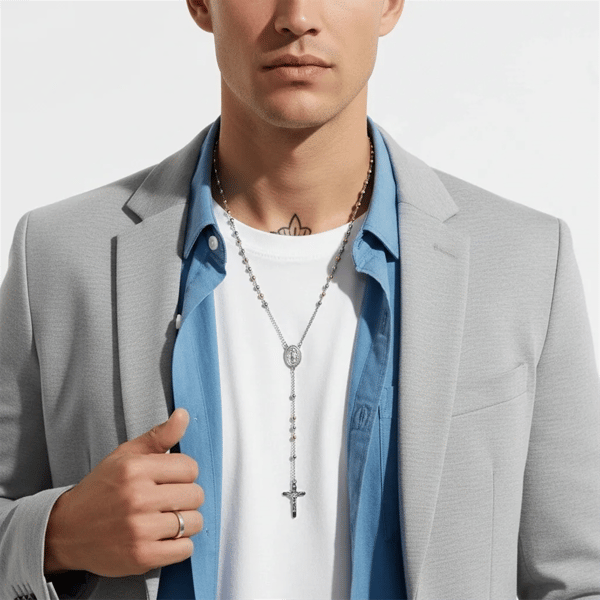 Mens Iron Saints Two-Tone Beaded Rosary with Medal & Cross