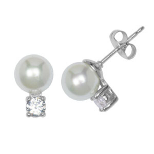 Sterling Silver CZ & Glass Pearl Stud Earrings - image 