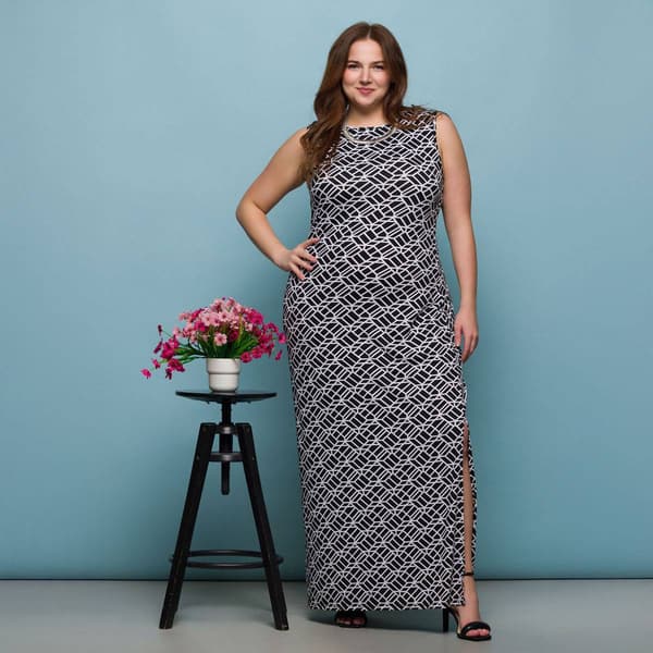 Plus Size 24/7 Comfort Apparel Black & White Side Slit Maxi Dress