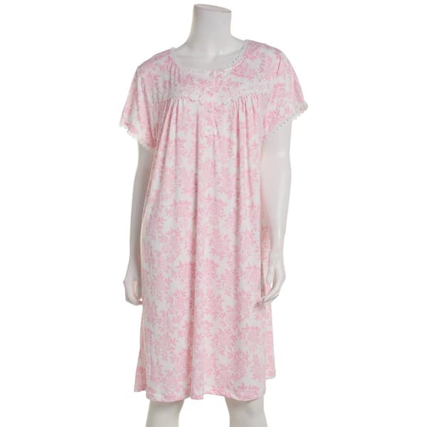 Womens Elegant Dreams Short Sleeve Lace Floral Trim Nightgown