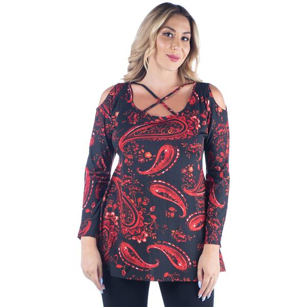 Plus Size 24/7 Comfort Apparel Red Paisley Cold Shoulder Tunic - image 