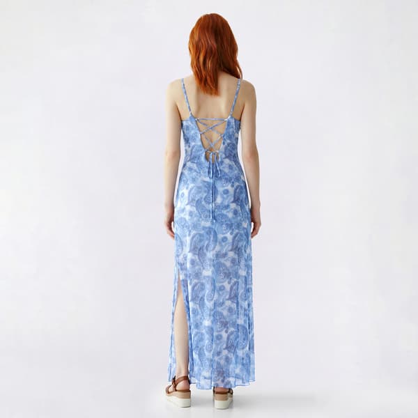 Juniors No Comment Mesh Lace Up Back Maxi Dress w/ Slit - Blue