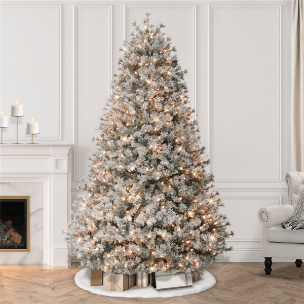 Puleo International 7.5ft. Pre-Lit Flocked Spruce Christmas Tree