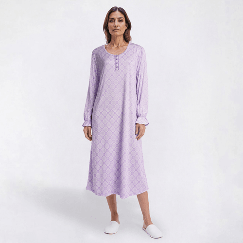 Womens White Orchid Long Sleeve Tile Henley Ballet Nightgown