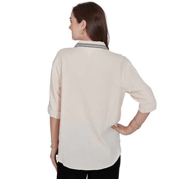 Womens Ruby Rd. Tropical Noir Roll Tab Sleeve Front Button Blouse