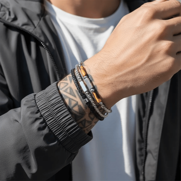 Mens Iron Saints Tiger Eye & Layered Curb Chain Bracelet